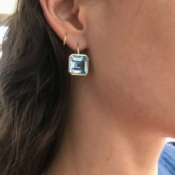 NEW Luxe 18K Gold Plated Topaz Blue Crystal Drop Earrings - Picture 1 of 6